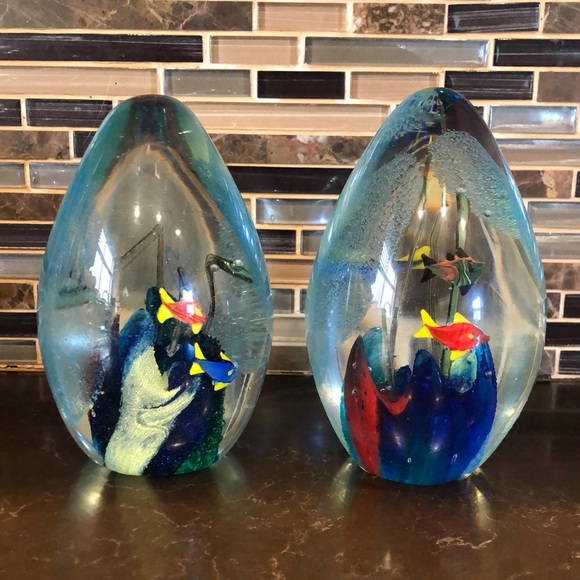 Pair of 6” egg shaped glass ocean aquarium art glass...